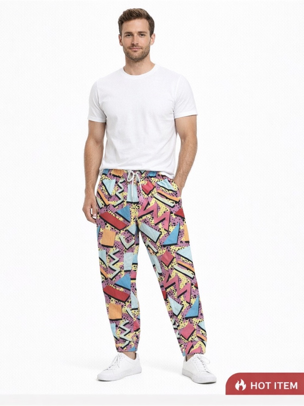 Men's Vibrant Geo-Print 80’s Retro Pants - Barbiecore Ken | Festival Ready